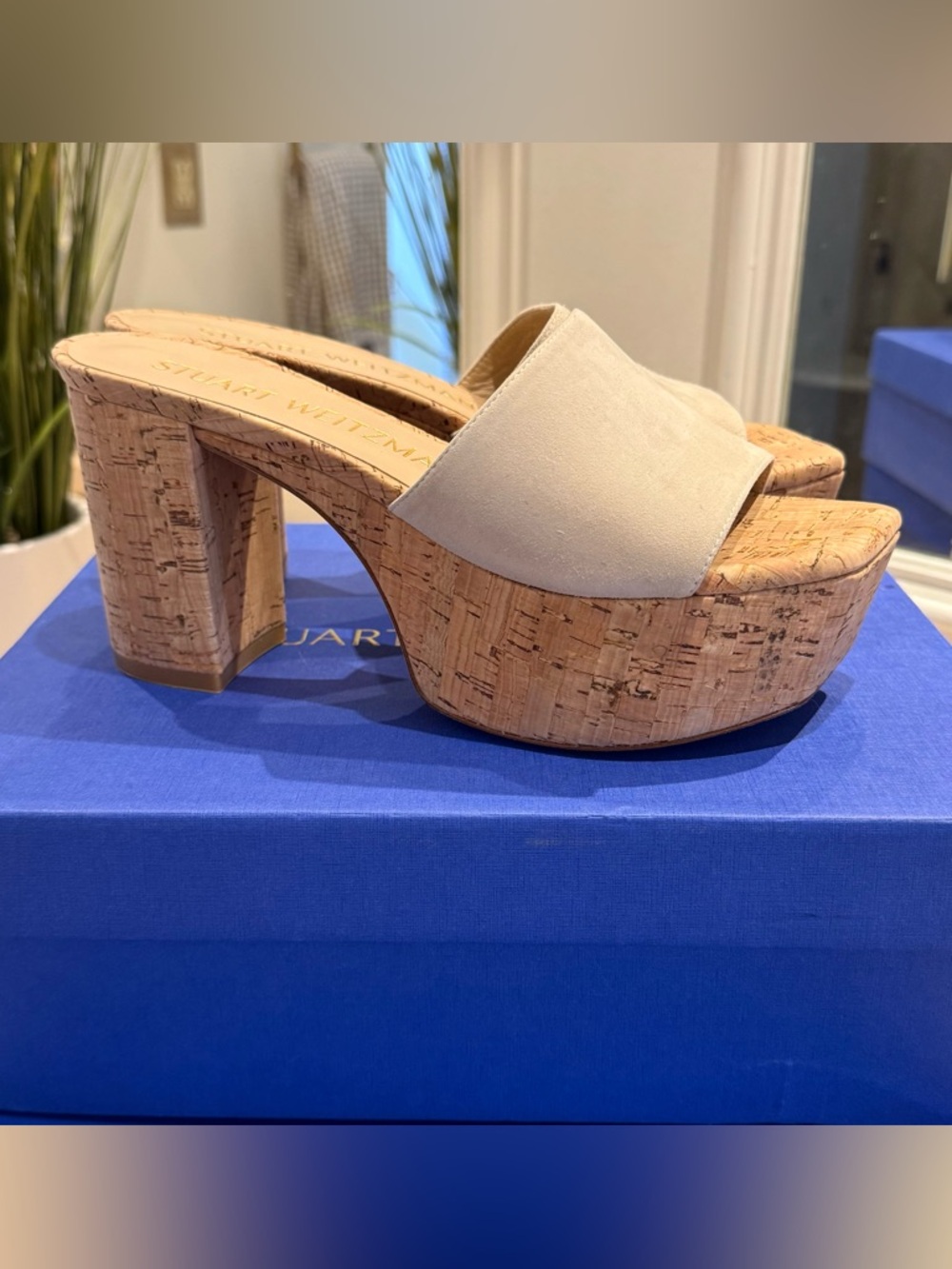 Stuart Weitzman Neutral Cork Platform Mule Sandals